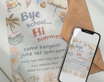 May include: A watercolor invitation with summer-themed illustrations, including a palm tree, ice cream, and beach umbrella. The text reads "Bye school... Hi summer!" with event details. A smartphone displays the same design.