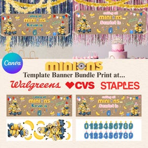 Puede incluir: Un paquete de plantillas de pancartas digitales con personajes Minions, plátanos amarillos, banderines coloridos y el texto calling all minions. Los diseños incluyen nombres personalizables como Kevin y Scarlet, el número 6 y gráficos de fiesta.