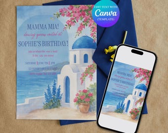 Mamma Mia Theme Party Invite Canva Template︳Summer Birthday Invitation︳Dancing Queen Honey Honey Voulez Vous︳Watercolor Greece︳Pool Disco