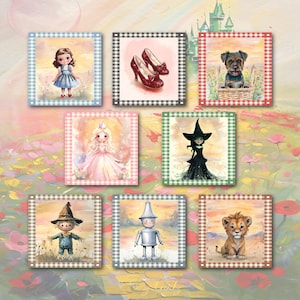 May include: Nine square art prints featuring illustrations of characters from The Wizard of Oz. The prints include Dorothy, ruby slippers, a dog in a basket, a princess, a witch, a scarecrow, the Tin Man, and a lion, each framed with a gingham border.