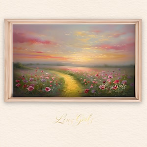 Puede incluir: Pintura de paisaje enmarcada que representa un campo de amapolas rosas y rojas con un camino de ladrillos amarillos. El cielo es una mezcla de tonos rosas, naranjas y amarillos, lo que sugiere una puesta de sol. La obra está firmada "Linz Girlz".