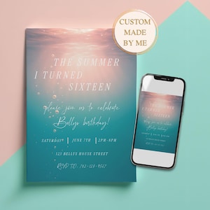 Puede incluir: Una invitación de cumpleaños con un tema submarino. El texto dice "The Summer I Turned Sixteen" y "Please join us to celebrate Belly's birthday!" Un smartphone muestra el mismo diseño. Una pegatina con borde dorado dice "Custom Made By Me."