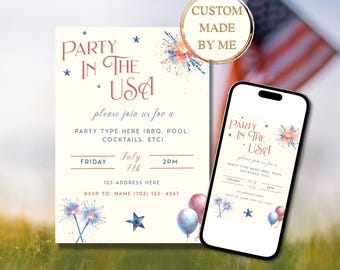 Party in the USA Invitation ︳Patriotic July 4th Watercolor Fireworks︳Independence Day Invite︳Happy Fourth Pool BBQ Party︳Digital Printable