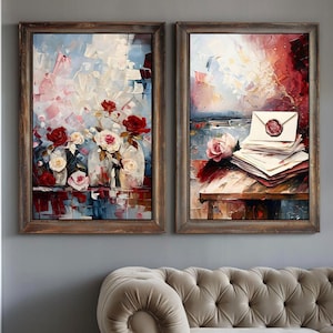 Cartas de amor románticas Pintura al óleo abstracta︳Rosas︳Sobre︳Díptico de dos piezas︳Decoración floral vintage moderna︳Día de San Valentín︳DESCARGA DIGITAL