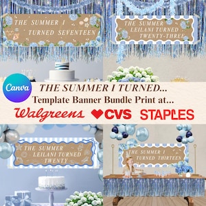 Könnte beinhalten: Ein digitales Banner-Vorlagenpaket mit blau-weiß gestreiften Rändern, braunen Hintergründen und blauen Hortensien-Illustrationen. Der Text umfasst "THE SUMMER I TURNED SEVENTEEN", "THE SUMMER LEILANI TURNED TWENTY-THREE", "THE SUMMER LEILANI TURNED TWENTY" und "THE SUMMER I TURNED THIRTEEN".