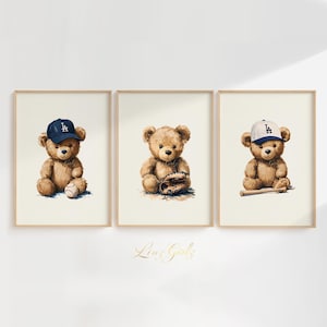3 Piece Set︳LA Dodgers Baseball Teddy Bear Drawing Print Wall Art︳Vintage Sport Theme Boy Nursery Kid Room Minimalist Decor︳DIGITAL DOWNLOAD