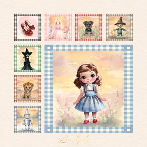 Puede incluir: Ilustraciones en acuarela de personajes de El Mago de Oz. Las imágenes incluyen a Dorothy con un vestido de cuadros azules, zapatos rojos, un león, un espantapájaros, un hombre de hojalata, una bruja, una princesa y un perro en una cesta.