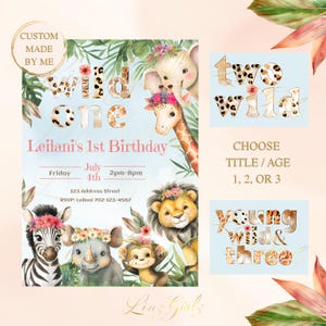 Wild Safari Girl Birthday Invite Pink Floral ︳Wild One︳Two Wild︳Young Wild Three︳Jungle Animal Printable Card︳1st 2nd 3rd Digital Invitation