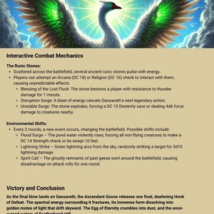 May include: A white goose with green eyes and green accents on its wings. The goose is surrounded by a blue sky with white clouds and lightning bolts. The text "Interactive Combat Mechanics" is at the top of the image. The text "The Runic Stones" is below the goose. The text "Environmental Shifts" is below the text "The Runic Stones". The text "Victory and Conclusion" is at the bottom of the image.