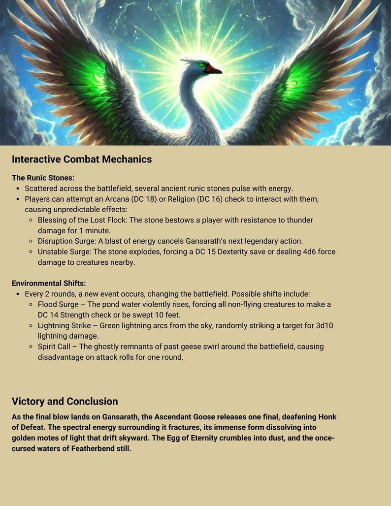 May include: A white goose with green eyes and green accents on its wings. The goose is surrounded by a blue sky with white clouds and lightning bolts. The text "Interactive Combat Mechanics" is at the top of the image. The text "The Runic Stones" is below the goose. The text "Environmental Shifts" is below the text "The Runic Stones". The text "Victory and Conclusion" is at the bottom of the image.