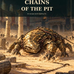 May include: A tabletop roleplaying game module cover titled SCALES AND SANDALS CHAINS OF THE PIT. It features a large, armored, reptilian creature chained in a sandy arena surrounded by stone columns and spectators in a coliseum setting.