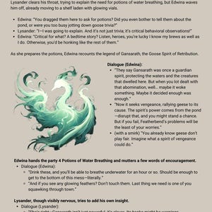 May include: A comic book illustration of a green goose with a crown, surrounded by text that reads "Gansarath: The Goose Spirit of Retribution". The text describes the goose as a guardian spirit who protects the waters and the creatures that live there. The goose is depicted as a powerful and vengeful spirit, and the text warns that it will seek revenge on those who have wronged it.