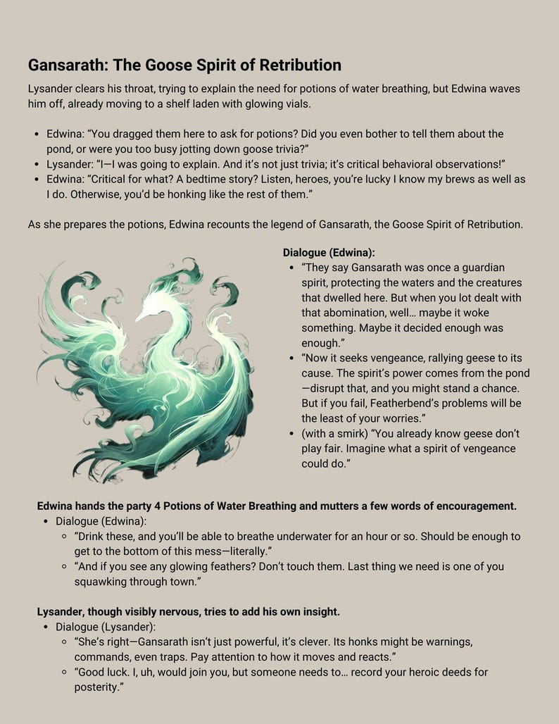 May include: A comic book illustration of a green goose with a crown, surrounded by text that reads "Gansarath: The Goose Spirit of Retribution". The text describes the goose as a guardian spirit who protects the waters and the creatures that live there. The goose is depicted as a powerful and vengeful spirit, and the text warns that it will seek revenge on those who have wronged it.