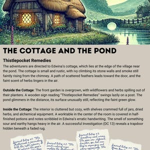 May include: A cottage with a thatched roof sits near a pond with a stone bridge. The cottage has ivy growing on the walls and a sign that reads "Thistlepocket Remedies". The image is from a fantasy or role-playing game.