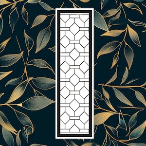 May include: A black and white geometric pattern inside a black frame. The pattern is made up of repeating squares and diamonds. The background is a dark blue with gold leaf branches.