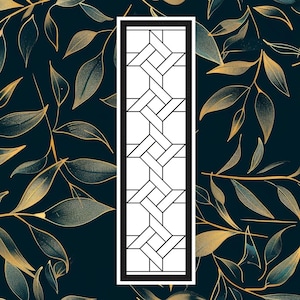 Op de afbeelding: Een zwart-wit glas-in-loodraamontwerp met een geometrisch patroon. Het ontwerp bestaat uit een reeks in elkaar grijpende vierkanten en ruiten.