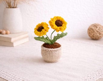 Crocheted Sunflower Pot, Handmade Flower Decor, Desk Plant, Yarn Art, Cozy Room Accent