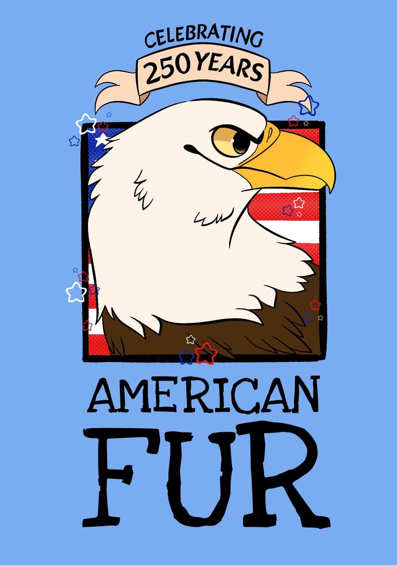 K&ouml;nnte beinhalten: Eine grafische Illustration auf hellblauem Hintergrund mit einem Wei&szlig;kopfseeadler im Profil. &Uuml;ber dem Adler befindet sich ein Banner mit dem Text CELEBRATING 250 YEARS. Unter dem Adler steht der Text AMERICAN FUR in fetten schwarzen Gro&szlig;buchstaben.