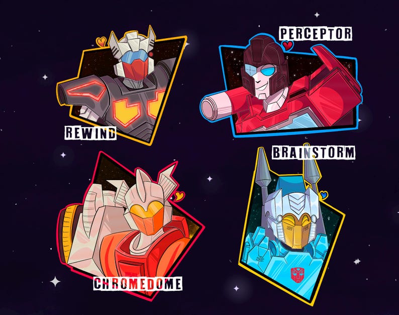 K&ouml;nnte beinhalten: Illustration von vier Robotercharakteren: Rewind, Perceptor, Chromedome und Brainstorm. Jeder Charakter ist in einer rautenf&ouml;rmigen Form mit einem Herzen umrahmt. Der Hintergrund ist dunkelblau mit wei&szlig;en Sternen. Die Charaktere sind in verschiedenen Farben.