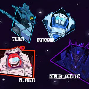 K&ouml;nnte beinhalten: Eine digitale Illustration mit vier Roboter-Charakterportr&auml;ts vor einem dunklen, sternenklaren Hintergrund. Die Figuren sind mit Whirl, Tailgate, Swerve und Soundwave TFP beschriftet und jeweils in einem geometrischen Rahmen mit leuchtenden Umrissen.