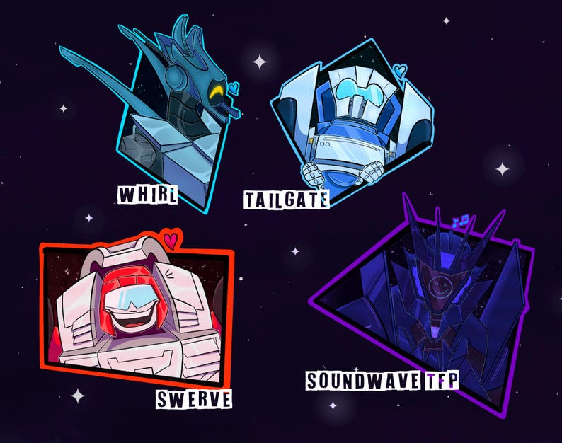 K&ouml;nnte beinhalten: Eine digitale Illustration mit vier Roboter-Charakterportr&auml;ts vor einem dunklen, sternenklaren Hintergrund. Die Figuren sind mit Whirl, Tailgate, Swerve und Soundwave TFP beschriftet und jeweils in einem geometrischen Rahmen mit leuchtenden Umrissen.