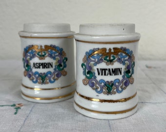 Apothecary Jar, vitamins and aspirin jar, vintage porcelain apothecary Pharmaceutical Jar set of two purple and gold vitamin jar