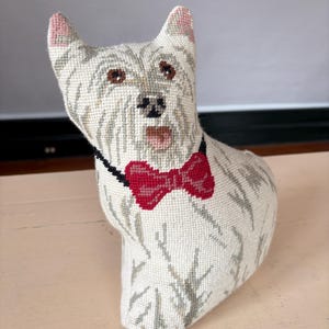 Vintage Needlepoint Westie Dog Pillow with Red Bow Tie – Handmade Home Decor, Stuffed Dog Figurine