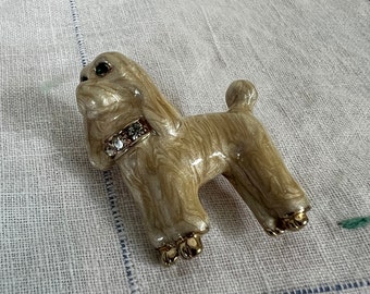 Poodle Brooch, Pin White Cream Dog, American Cocker Spaniel, Afghan Hound, Lhasa Apso, green eyes, pearl resin pin, diamonds, collar, gold