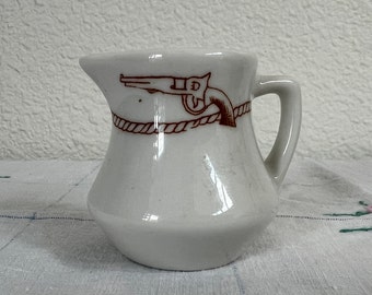 Vintage Restaurant Ware, chunky china pitcher, mining for gold, gun, diner, hotel creamer, ironstone pottery, cream and sugar, jar