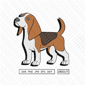 Puede incluir: Una ilustración de dibujos animados de un perro beagle marrón y blanco de pie sobre sus cuatro patas. El perro está mirando hacia la izquierda de la imagen. El perro tiene una mancha marrón y negra en la espalda.