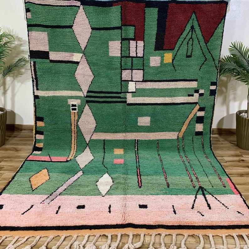 Artistic Moroccan Rug in Emerald Green & Red, Contemporary Abstract Wool Design, Unique Amazigh Carpet for Bohemian Decor