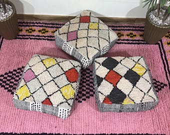 Moroccan Wool Pouf–Beni Ourain & Amazigh Pattern | Boho Home Decor Pouf Ottoman Moroccan Floor Pillow Cushion, Morocco Pouffe make to Order