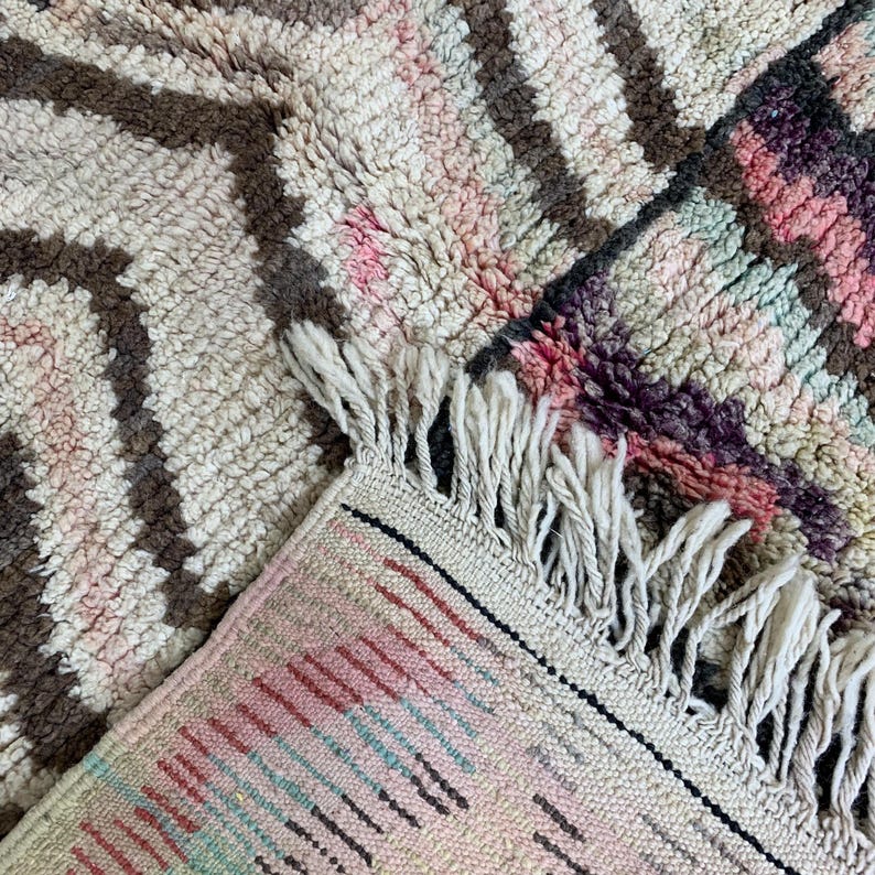 Wavy Stripe Moroccan Rug, Azilal Style Wool Carpet in Pastel Pink & Earth Tones, Handwoven Shag Area Rug, Bohemian Chic Home Decor