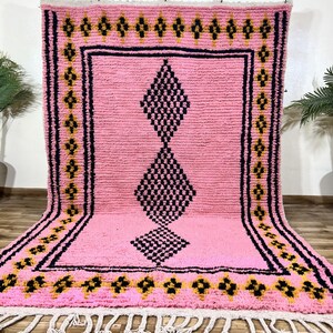 Amazigh Moroccan Wool100%–Pink creamy, with black geometric diamonds and yellow border, high-quality soft wool, custom sizes fast shipping