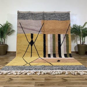 Moroccan Rug Wool Black And White Yellow Olive Handwoven Abstract BerBer Symmetrical Carpet,Brown creamy moroccan rug, geometric berber rug