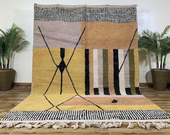Moroccan Rug Wool Black And White Yellow Olive Handwoven Abstract BerBer Symmetrical Carpet,Brown creamy moroccan rug, geometric berber rug