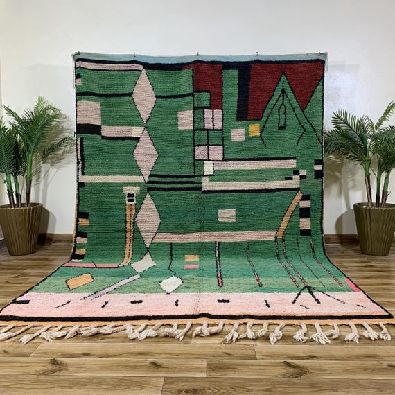 Art women Artistic Moroccan Rug in Emerald Green & Red-Contemporary Abstract Wool Design-Pink Creamy rug geometric berber-handmade wool rug,