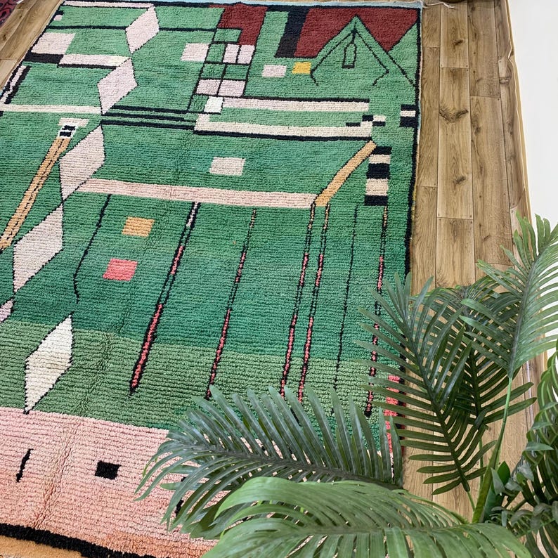 Artistic Moroccan Rug in Emerald Green & Red, Contemporary Abstract Wool Design, Unique Amazigh Carpet for Bohemian Decor