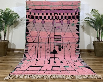 Handmade Pink Moroccan Rug, Authentic Wool Berber Pink with Black & Purple Accents, Modern Boho Area Rug for Home Decor, Free Shipping100%