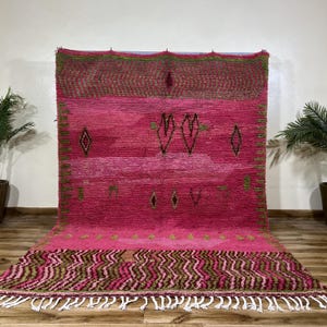 Zigzag Carpet Pink Berber Rug - Authentic Moroccan Wool Carpet, boho tassel rug, Hot Pink Moroccan Berber Rug with Olive Green Symbols Wool