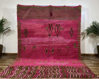 Zigzag Carpet Pink Berber Rug - Authentic Moroccan Wool Carpet, boho tassel rug, Hot Pink Moroccan Berber Rug with Olive Green Symbols Wool