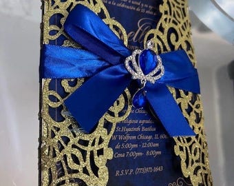 Royal blue and gold quinceañera invitation | invitación para boda azul rey y dorado