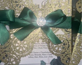 Emerald green and gold laser cut invitation for quinceañera sweet 16 wedding and more
