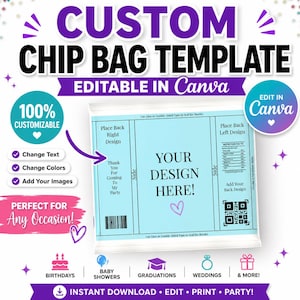 Könnte beinhalten: Eine anpassbare Chip-Bag-Vorlage mit dem Text "CUSTOM CHIP BAG TEMPLATE" in Lila und Schwarz. Das Design enthält den Text "YOUR DESIGN HERE" auf hellblauem Hintergrund, mit Optionen zum Bearbeiten von Text, Farben und zum Hinzufügen von Bildern. Perfekt für jeden Anlass.