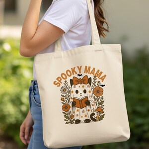Spooky Mama Ghost Cat Tote Bag: Halloween Fall Floral Bag