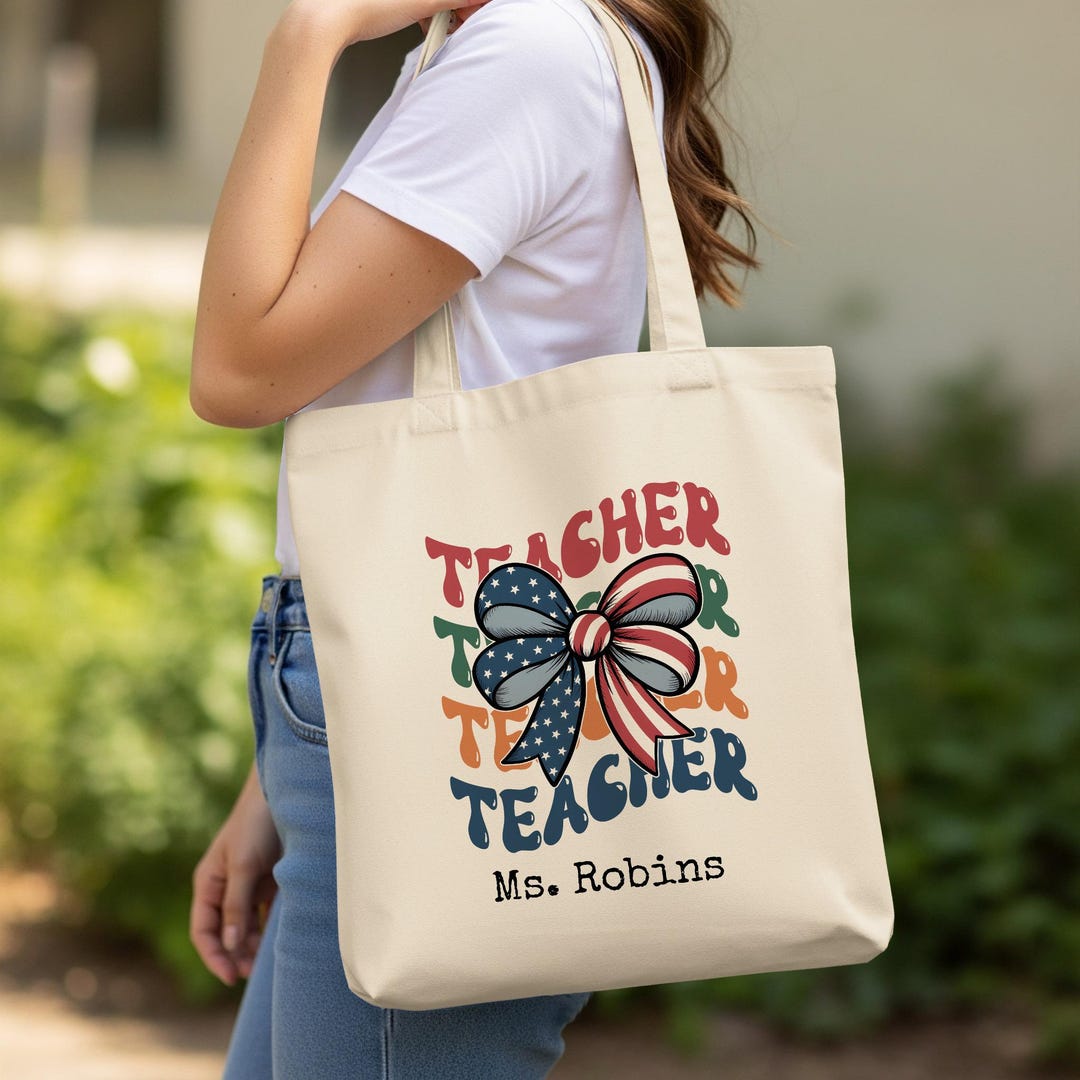 Personalized Teacher Tote Bag, Custom Canvas Bag With Name, Rainbow USA ...