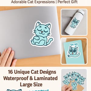 16 pegatinas impermeables de gatos grandes: bonitas pegatinas de vinilo laminado para portátiles, botellas, diarios y más.