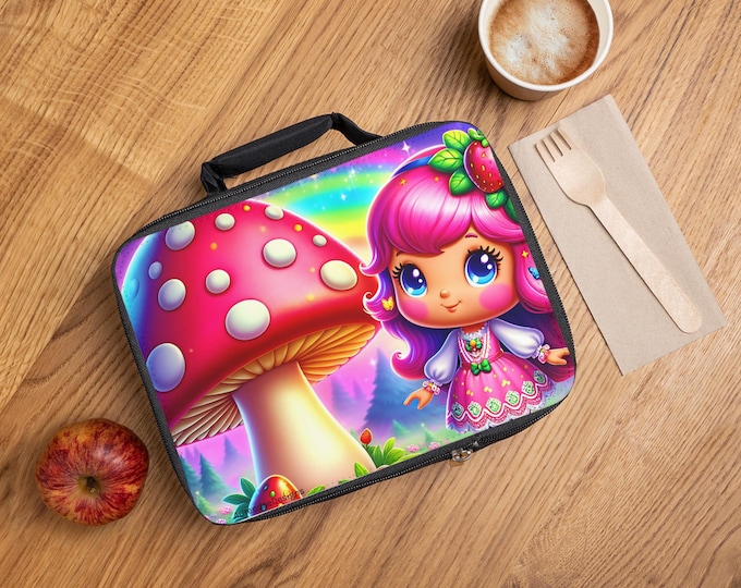 Whimsical Mushroom Lunch Bag, Kids Insulated Tote, Fairy Tale Lunchbox, Cute School Bag, Pink Lunch Container, Fun Snack Pack