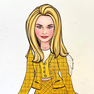 Op de afbeelding: Illustratie van een vrouw met lang blond haar, gekleed in een gele geruite jas, vest en rok. Het kunstwerk heeft een cartoonstijl met een witte achtergrond. De vrouw heeft een lichte huid, rode lippen en groene ogen.