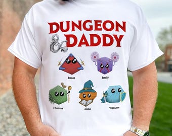 Camiseta personalizada de Dungeon & Daddy, camiseta personalizada de dados de DnD para papá con nombres de niños, regalo del Día del Padre para jugadores de juegos de rol de mesa, papá geek
